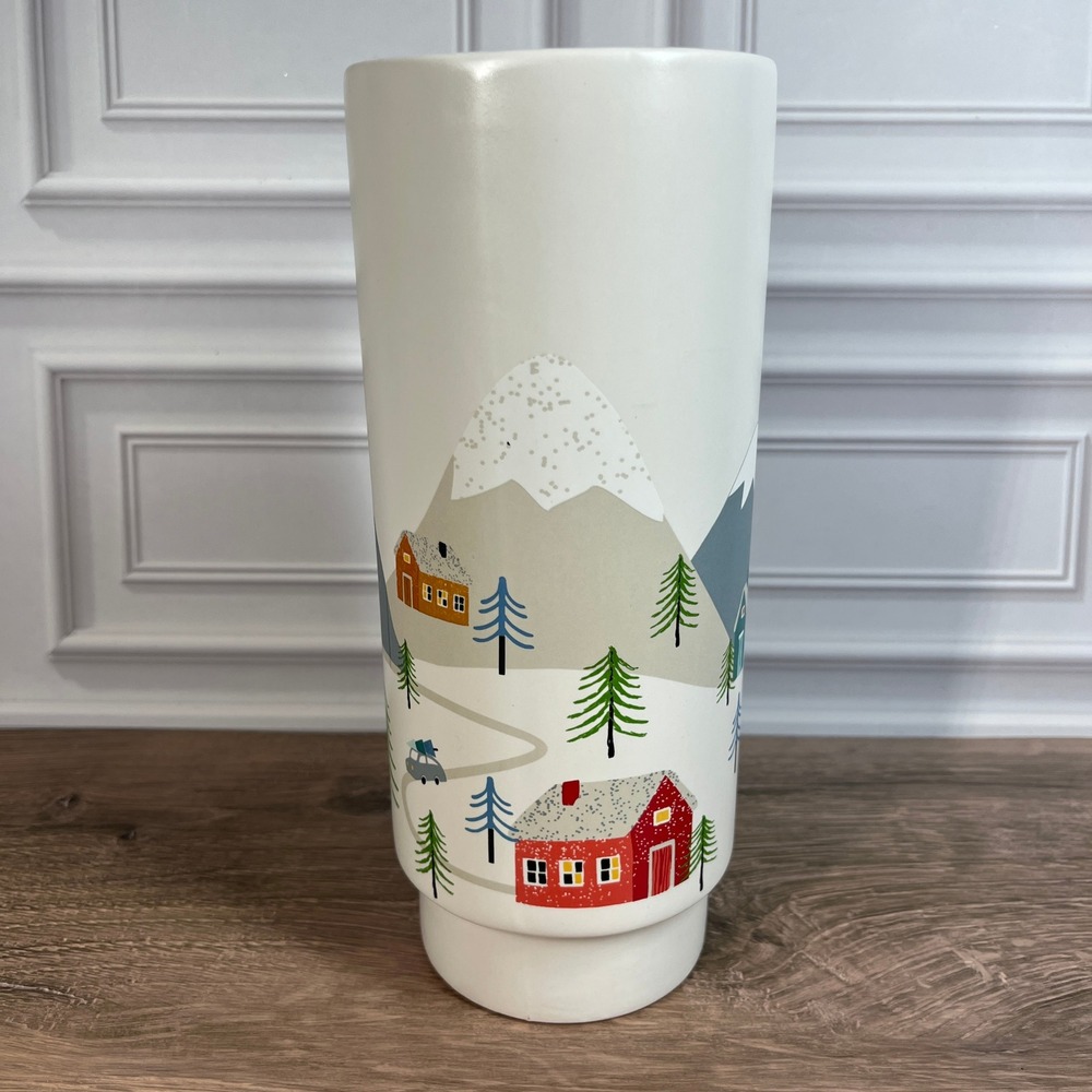Winter Village Ceramic 9 in Vase Home Decor White Red Scenic Folk Art